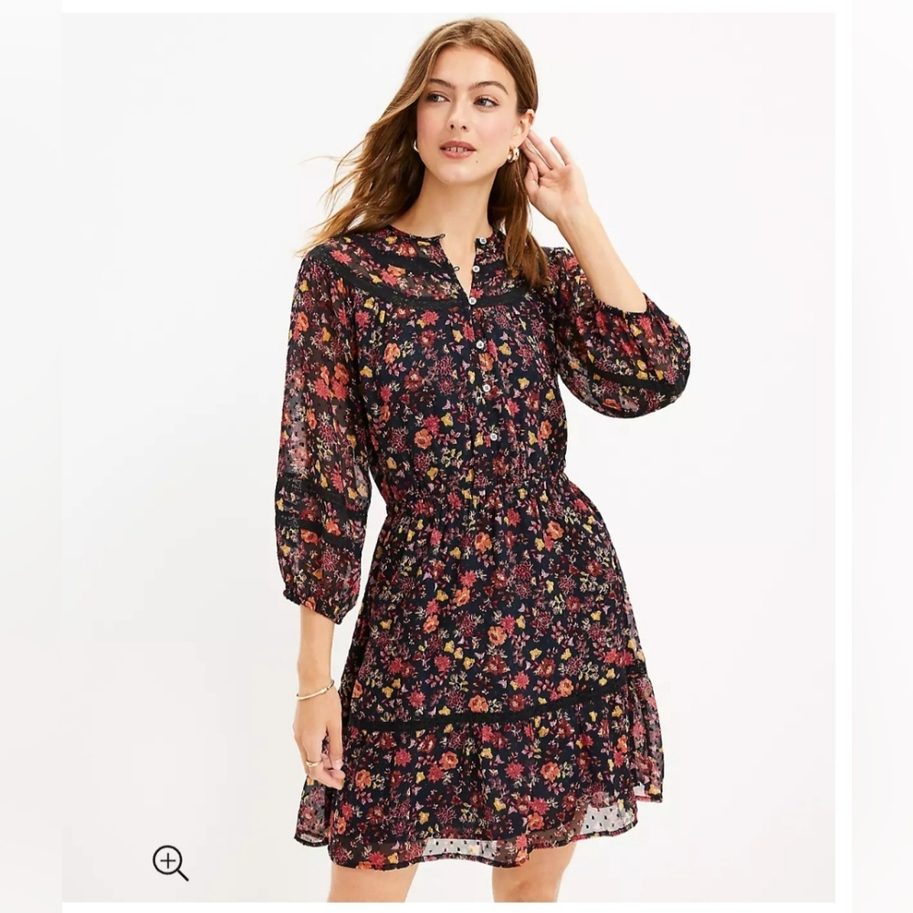 Loft, Floral Tiered Button Dress, Black and Red, Size Large